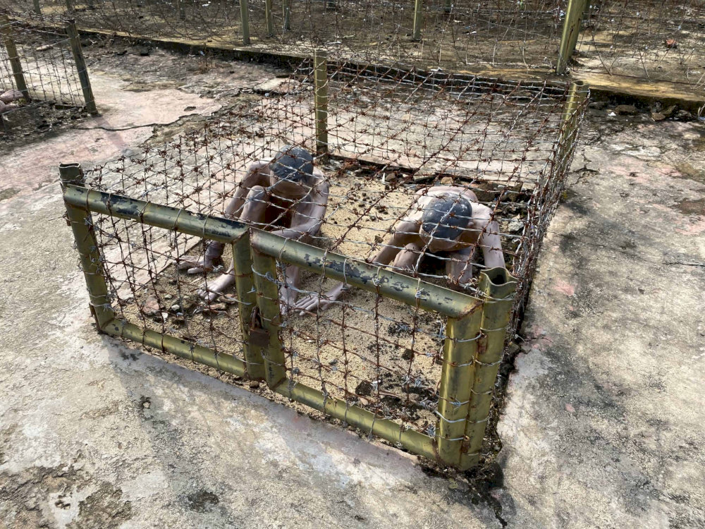 Inside the tiger cages, prisoners were forced to crouch or kneel to prevent injury from the sharp metal surrounding